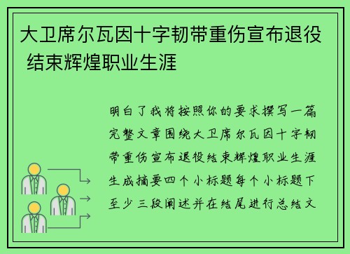 大卫席尔瓦因十字韧带重伤宣布退役 结束辉煌职业生涯 大卫席尔瓦因十字韧带重伤宣布退役 结束辉煌职业生涯